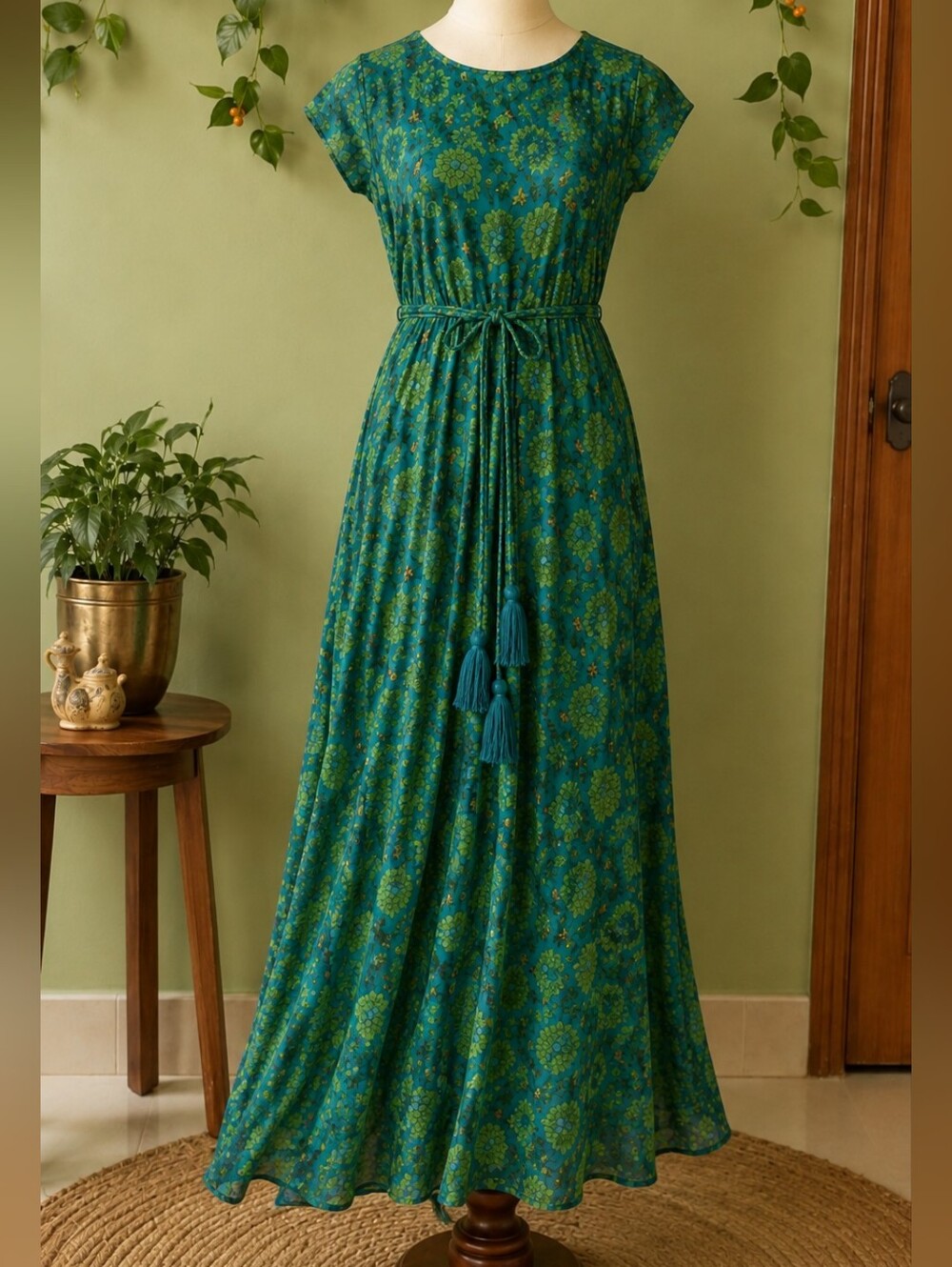 Max Studio Teal Green Floral Maxi Dress with Tassel Tie